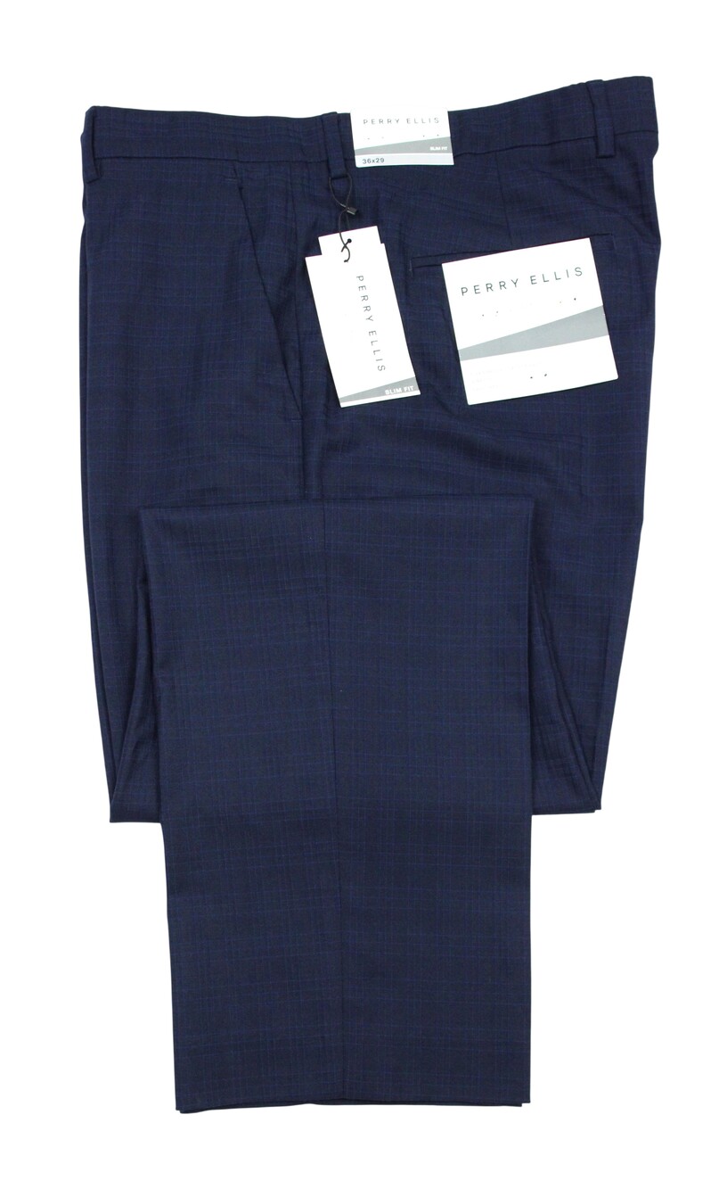 Perry Ellis Portfolio Dress Pants Mens 36x29 Navy Check Slim Fit Flex Stretch